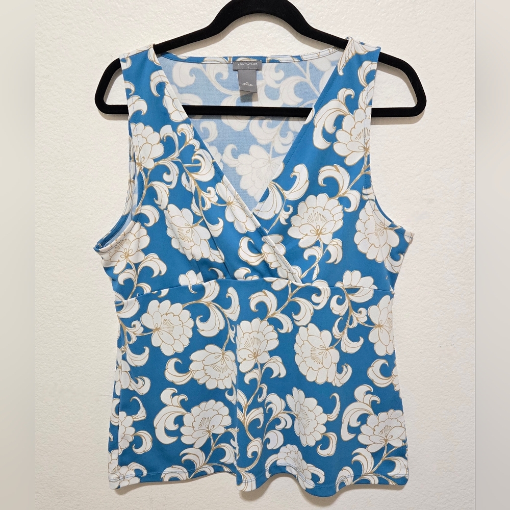 Ann Taylor Blue and White Floral Sleeveless Wrap Top